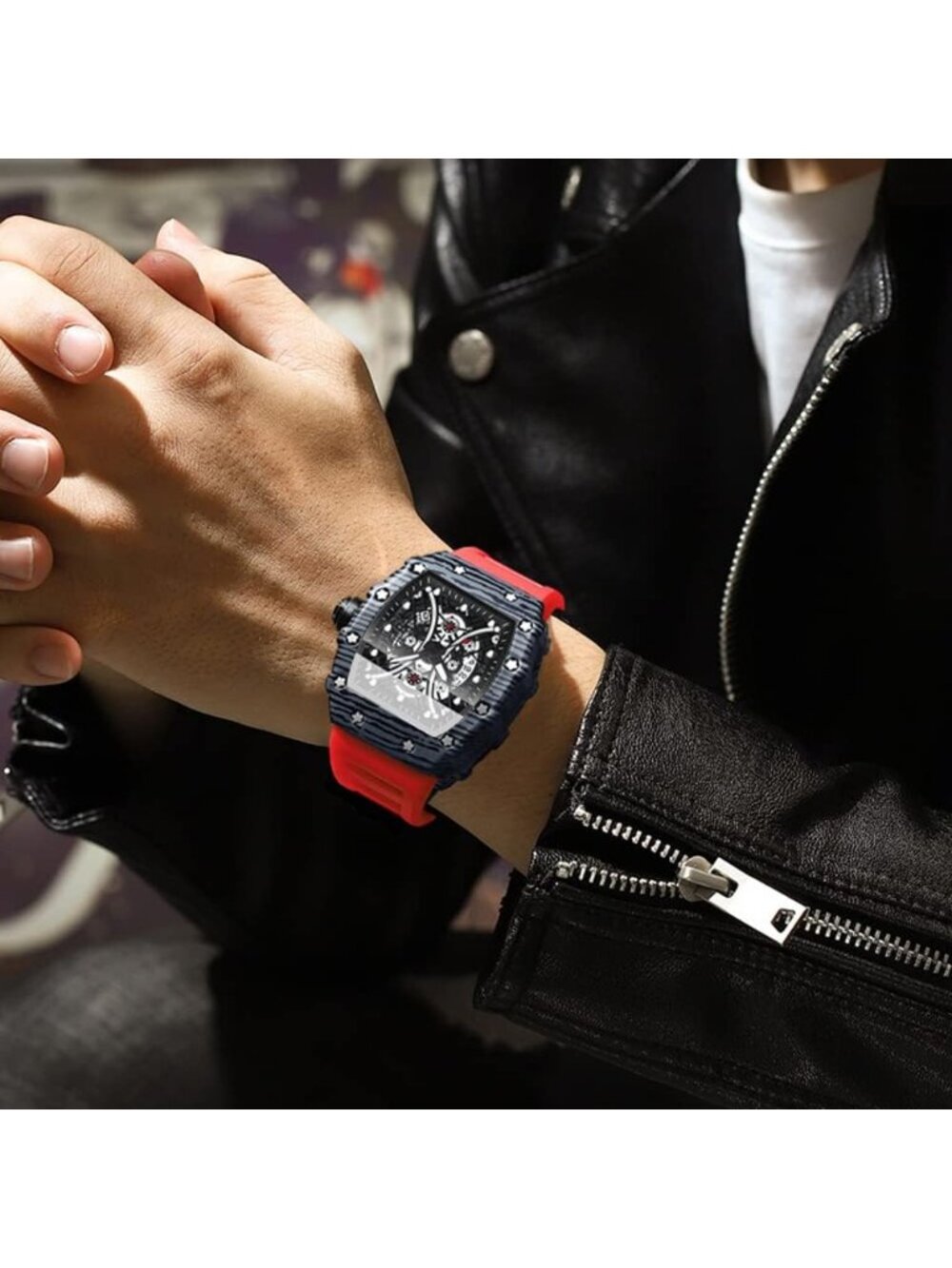 Men's Red Black Analog Quartz Silicone Strap Barrel-Shaped Skeleton Luxury Watch - Picture 5 of 6
